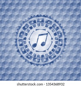 musical note icon inside blue emblem with geometric pattern.