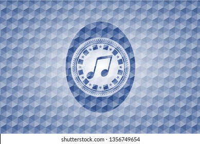musical note icon inside blue hexagon emblem.