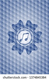 musical note icon inside blue emblem with geometric pattern.