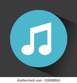 musical note icon inside blue circle over black background. vector illustration