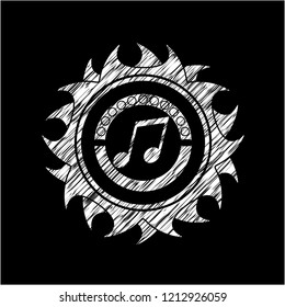 musical note icon inside chalkboard emblem