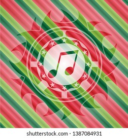 musical note icon inside christmas colors style badge.
