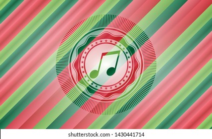 musical note icon inside christmas colors badge.