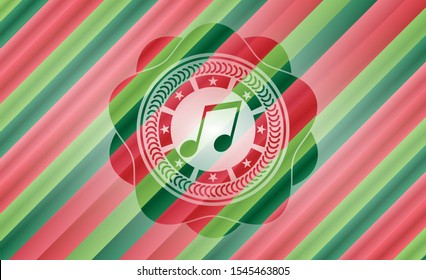 musical note icon inside christmas style emblem.