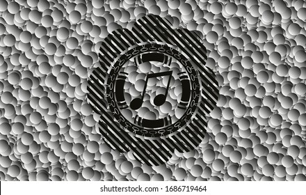icono de nota musical dentro del emblema oscuro con fondo de burbujas. Retro. Ilustración vectorial. Detallado.