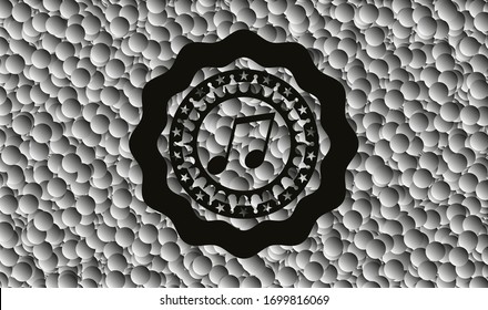 musical note icon inside dark badge with grey bubbles background. Vector Illustration. Detailed.