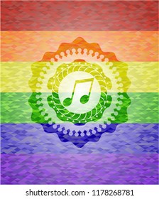 musical note icon inside emblem on mosaic background with the colors of the LGBT flag