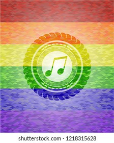 musical note icon inside emblem on mosaic background with the colors of the LGBT flag