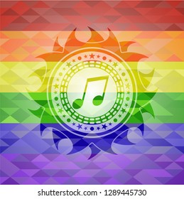 musical note icon inside emblem on mosaic background with the colors of the LGBT flag