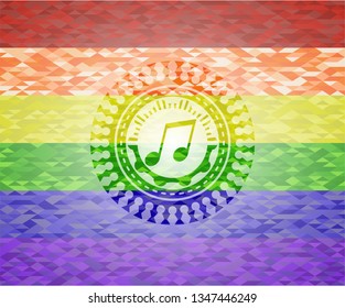 musical note icon inside emblem on mosaic background with the colors of the LGBT flag