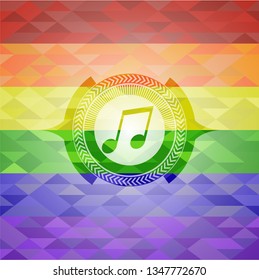 musical note icon inside emblem on mosaic background with the colors of the LGBT flag