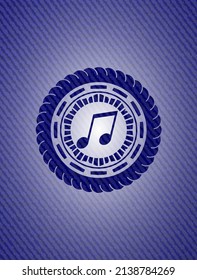 musical note icon inside emblem with jean background. 