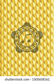 musical note icon inside gold emblem or badge. Scales pattern. Vector Illustration. Detailed.