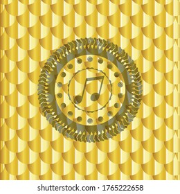 musical note icon inside gold emblem. Scales pattern. Vector Illustration. Detailed. 