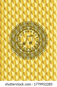 icono de nota musical dentro de la insignia o emblema de oro. Patrón de escalas. Ilustración vectorial. Detallado. 