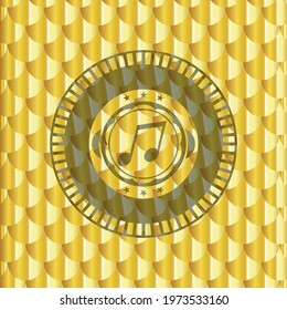 musical note icon inside gold badge. Scales pattern. Vector Illustration. Detailed. 