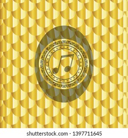 musical note icon inside golden badge. Scales pattern. Vector Illustration. Detailed.