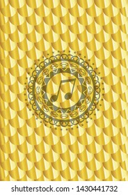 musical note icon inside golden emblem. Scales pattern. Vector Illustration. Detailed.