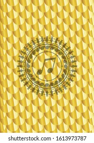 musical note icon inside golden emblem or badge. Scales pattern. Vector Illustration. Detailed.