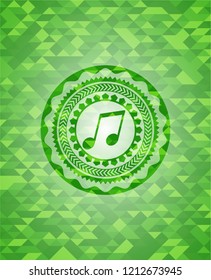 musical note icon inside green emblem with mosaic ecological style background
