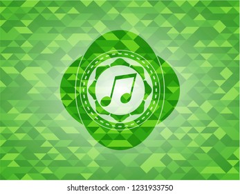 musical note icon inside green emblem with mosaic background