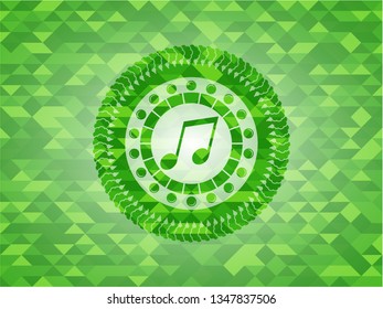 musical note icon inside green emblem with mosaic ecological style background