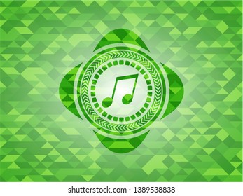 musical note icon inside green emblem. Mosaic background