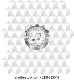 musical note icon inside grey badge with geometric cube white background