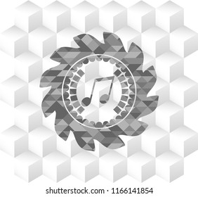 musical note icon inside grey emblem. Retro with geometric cube white background