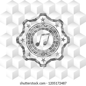 musical note icon inside grey badge with geometric cube white background