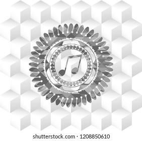 musical note icon inside grey badge with geometric cube white background