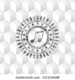 musical note icon inside grey badge with geometric cube white background