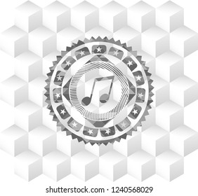 musical note icon inside grey emblem with geometric cube white background