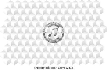 musical note icon inside grey badge with geometric cube white background