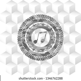 musical note icon inside grey badge with geometric cube white background