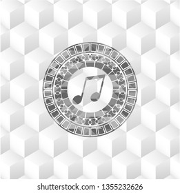 musical note icon inside grey emblem. Vintage with geometric cube white background