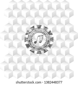 musical note icon inside grey icon or emblem with geometric cube white background