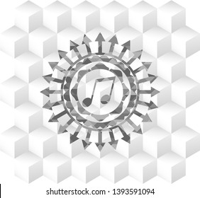 musical note icon inside grey badge with geometric cube white background