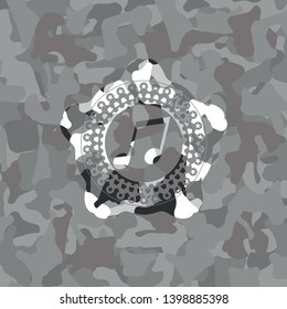 musical note icon inside grey camouflage texture