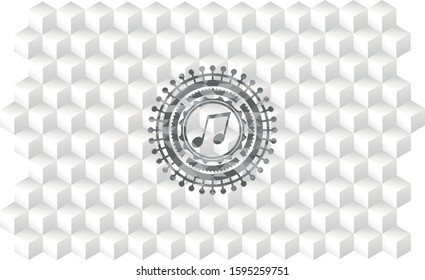 musical note icon inside grey emblem. Retro with geometric cube white background