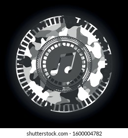 musical note icon inside grey camo texture