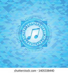 musical note icon inside light blue emblem with mosaic ecological style background