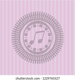 musical note icon inside pink emblem. Retro