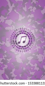 musical note icon inside pink and purple camouflage texture