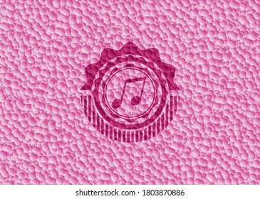 musical note icon inside pink badge with bubbles background. Vector Illustration. Detailed. 