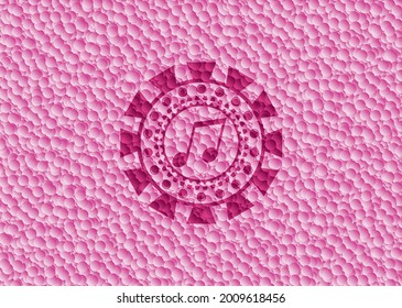 musical note icon inside pink badge with bubbles background. Vector Illustration. Detailed. 