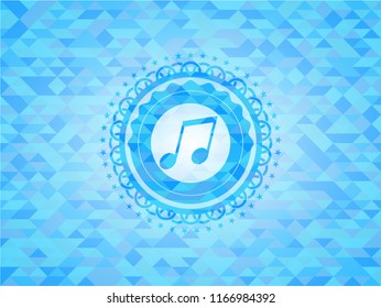 musical note icon inside realistic sky blue emblem. Mosaic background