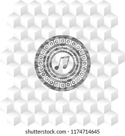 musical note icon inside realistic grey emblem with geometric cube white background