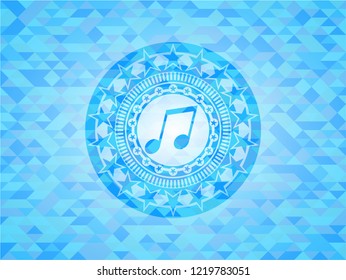 musical note icon inside realistic light blue emblem. Mosaic background