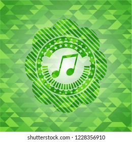 musical note icon inside realistic green emblem. Mosaic background